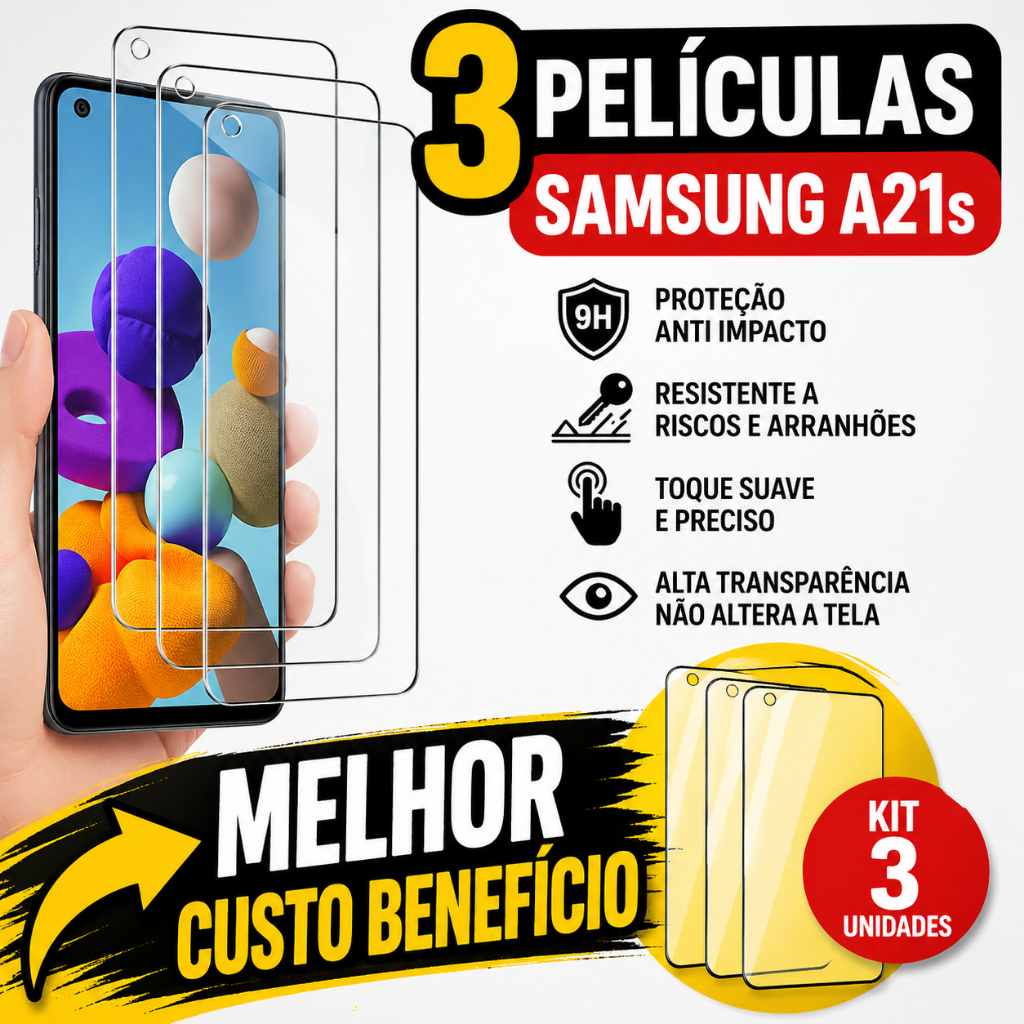 Kit 3 Películas de Vidro Samsung A21s 9H Blindada Proteção Máxima Oferta Top