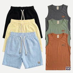 Kit 6 Peças Menino Regata e Short Linho Mauricinho Conjunto Roupa Infantil Masculina Para O Verão 2026 tam 01 ao 16