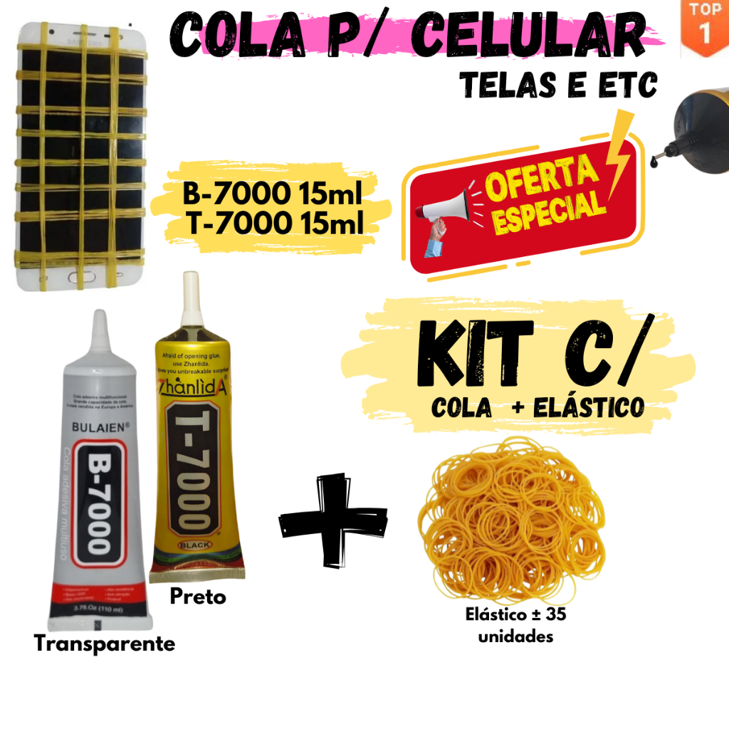 Kit Cola para Tela de Celular 15ml + Elástico  - T-7000 Preto ou B-7000 Transparente