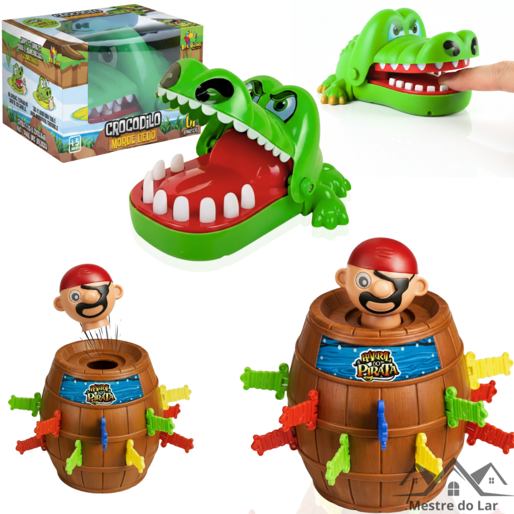 Kit 2 Brinquedos Infantil Jacaré Morde Dedo Crocodilo e Pula Pirata Barril