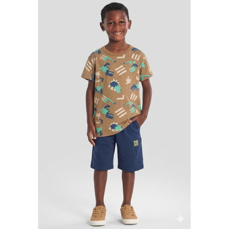 Conjunto Infantil Masculino Dinossauro Camiseta Estampada + Bermuda Confortável