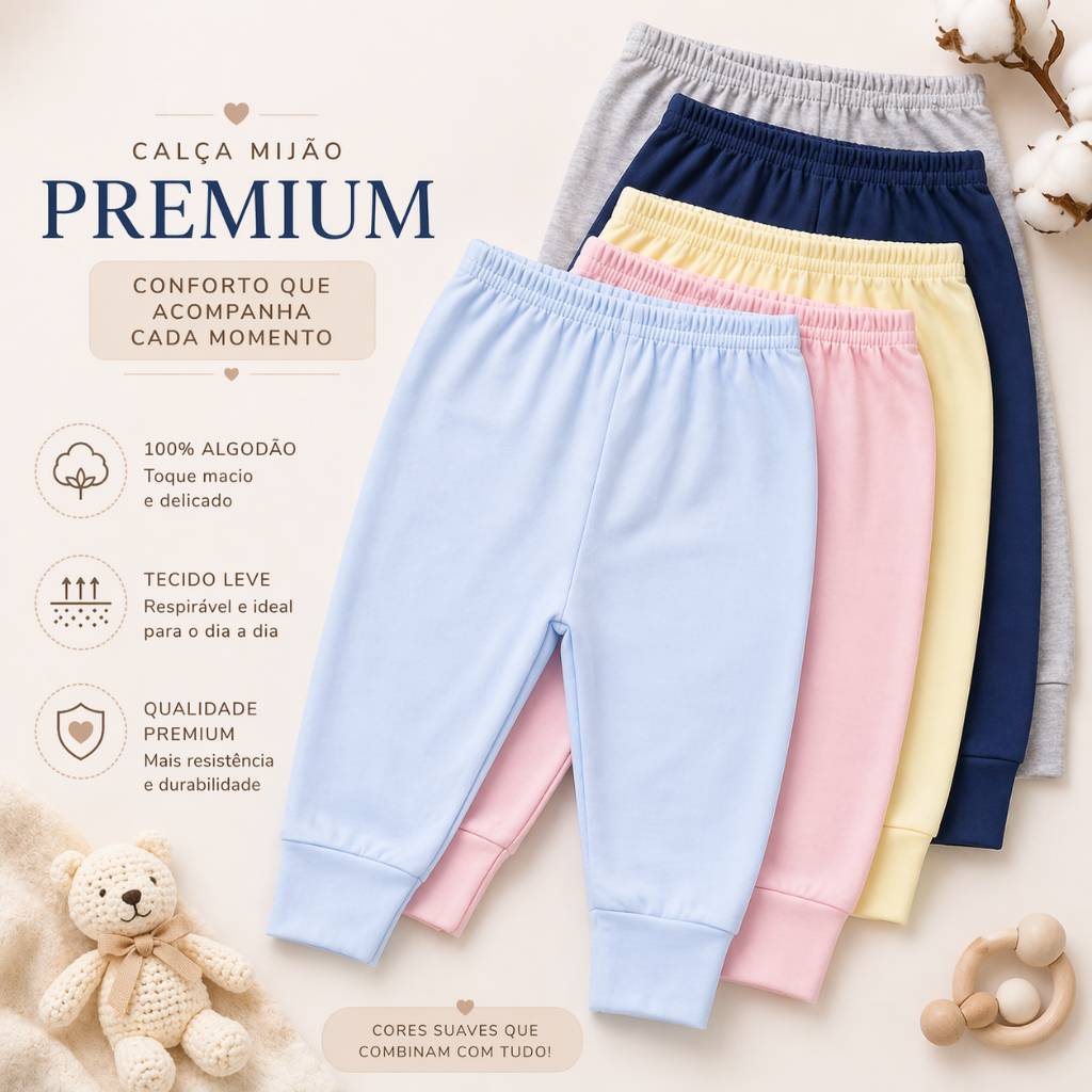 Calça / Mijão / Culote de bebê com pé reversivel de suedine 100% algodão PREMIUM Confortável Macio