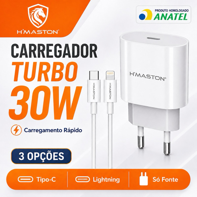 H'maston CB-17 Carregador Turbo PD30w  Fonte Carregar Celular Portátil Com Cabo Usb  Tipo-c Lighting
