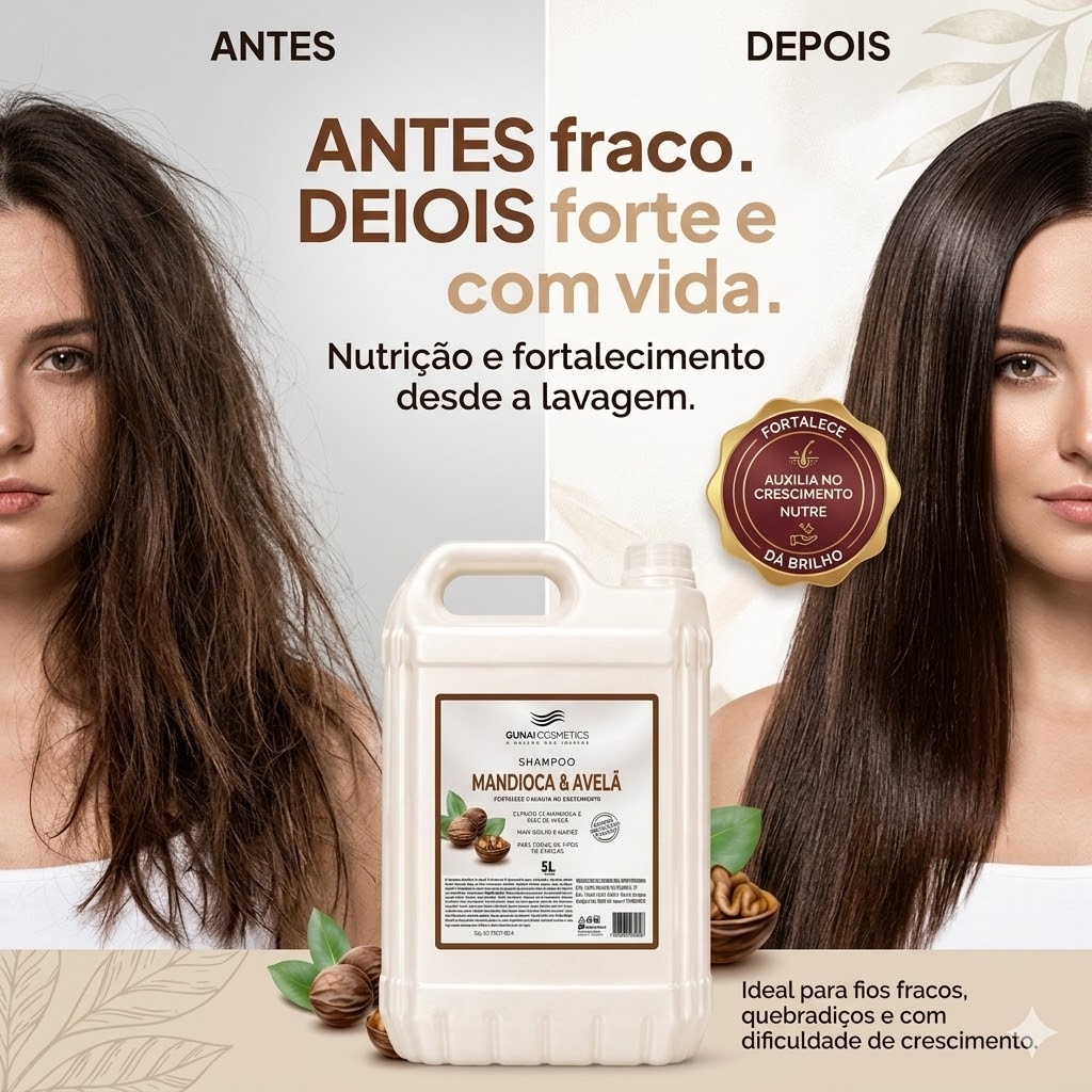 Detalhes do Shampoo Profissional Mandioca e Avelã Gunai – Fortalecimento e Crescimento 5L
