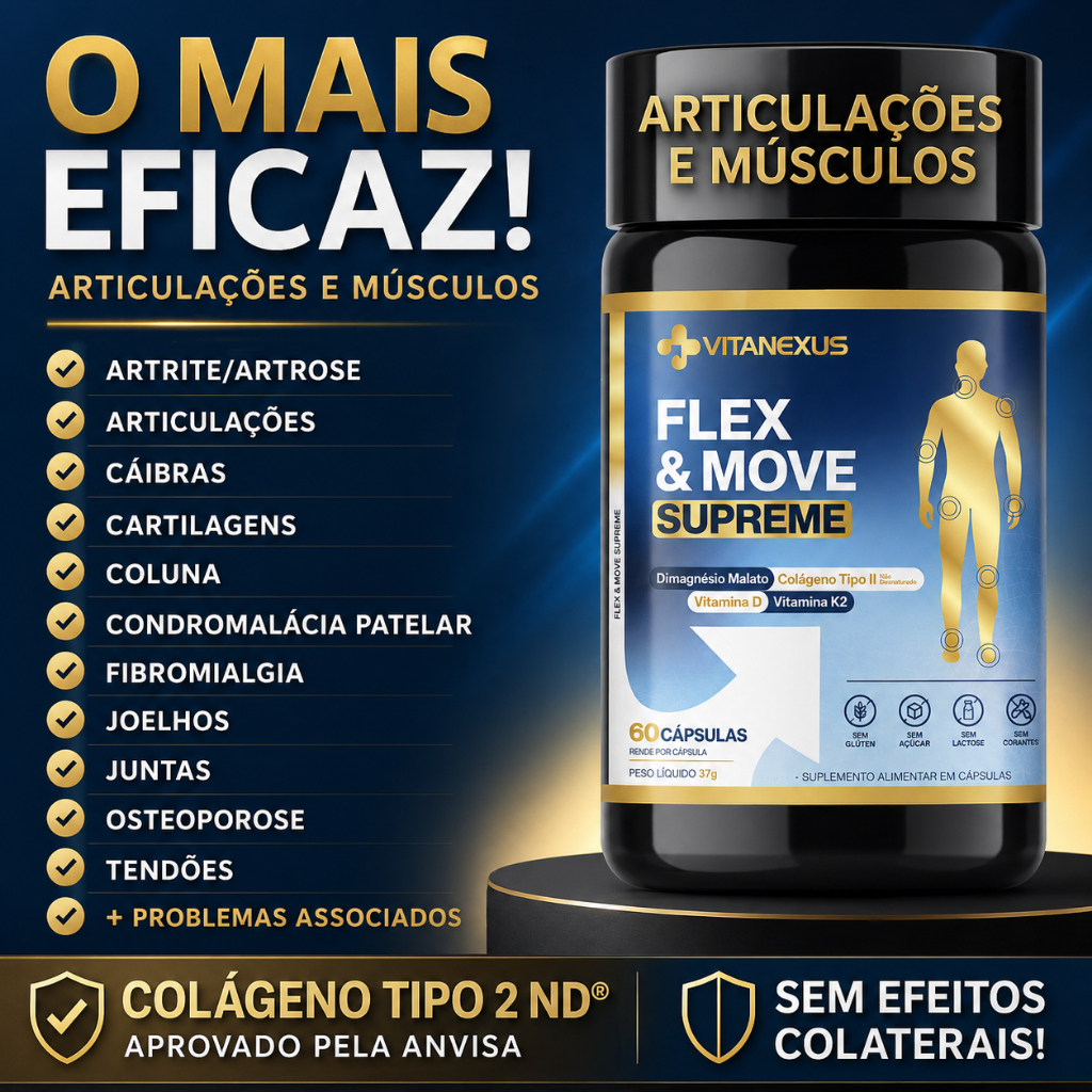 Dores Articulares E Musculares 1230mg – Flex Move Original Colágeno Tipo 2 + Magnésio Dimalato D3K2