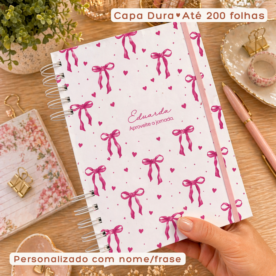 Caderno de Anotações Personalizado Nome na Capa 100 ou 200 Folhas Capa Dura Feminino Laços Rosa Vintage Coquette Pautado