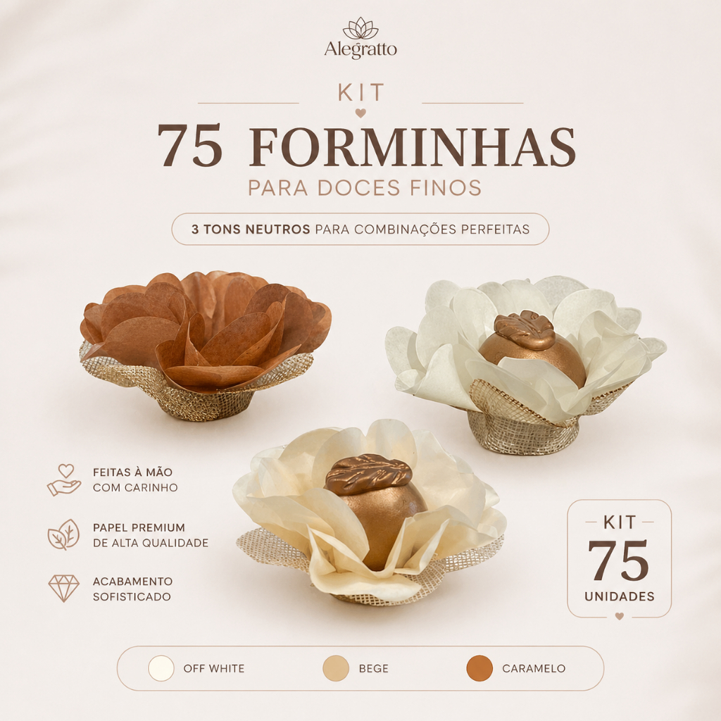 Kit 75 Forminhas Lunita Papel Com Tela Bege Off Caramelo doces finos festas casamento