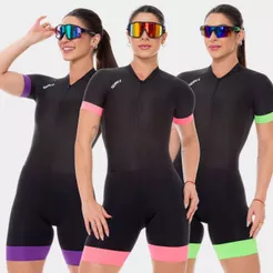 Macaquinho de Ciclismo Feminino Macacão Forro Gel Manga Curta Preto Roxo Rosa Verde Bike Pedal Mtb