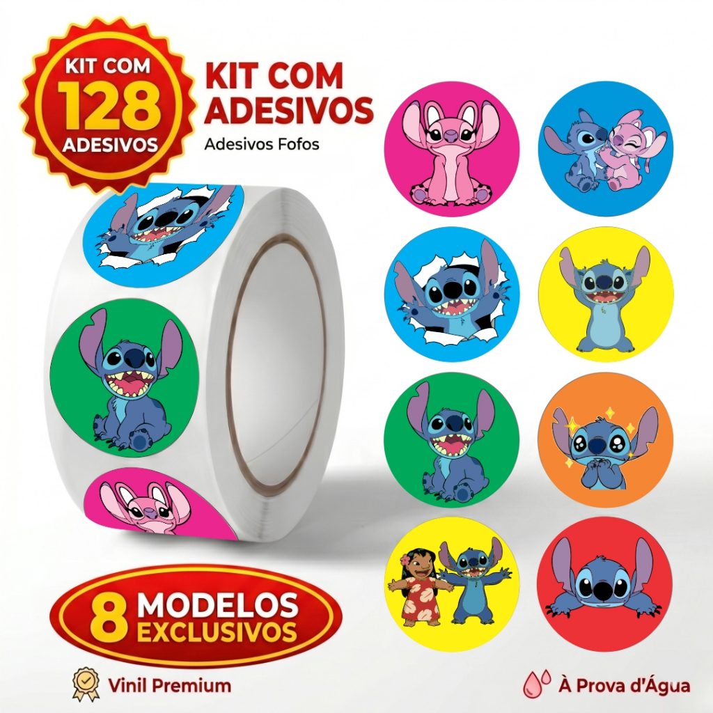 Kit 128 Adesivos Stitch Lilo Fofo Vinil Premium Redondo Festa Infantil Lembrancinha Escolar