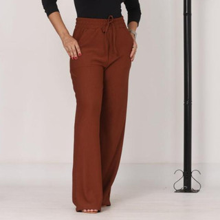 Calça Feminina Pantalona Canelado Reta Com Bolso Cintura Elástica Confortável Moda Casual Elegante