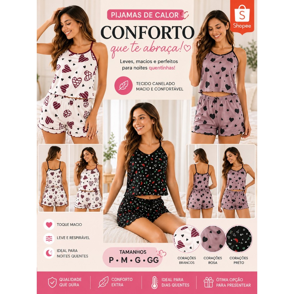Pijamas Femininos Conjuntos Baby Doll Cropped Short Tecido Confortável Estampas Delicadas