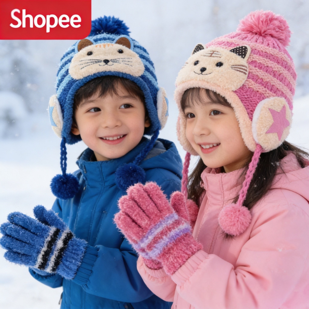 Kit Touca e Luva Quentinho Com Para Inverno Pom Pom Bebe Forrada Menino e Menina Frio Infantil