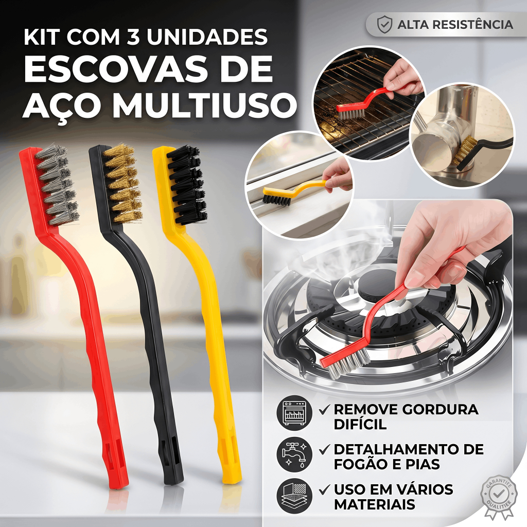 Kit com 3 Unidades Escova de Aço para Limpeza Multiuso Forno Grelha Fogão Aço Latão Nylon
