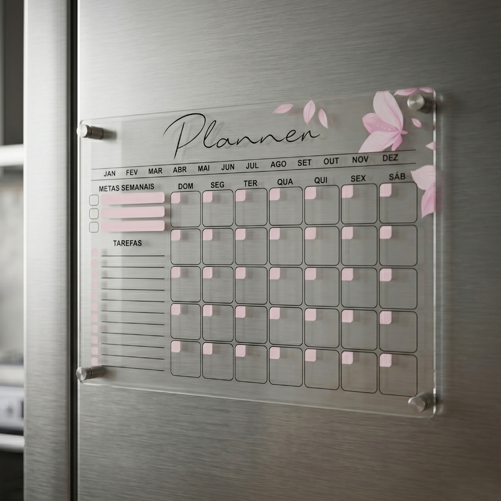Planner Floral Rosa Magnético Calendário Geladeira Acrílico Premium Organização Mensal Lembrete + 4 Canetas
