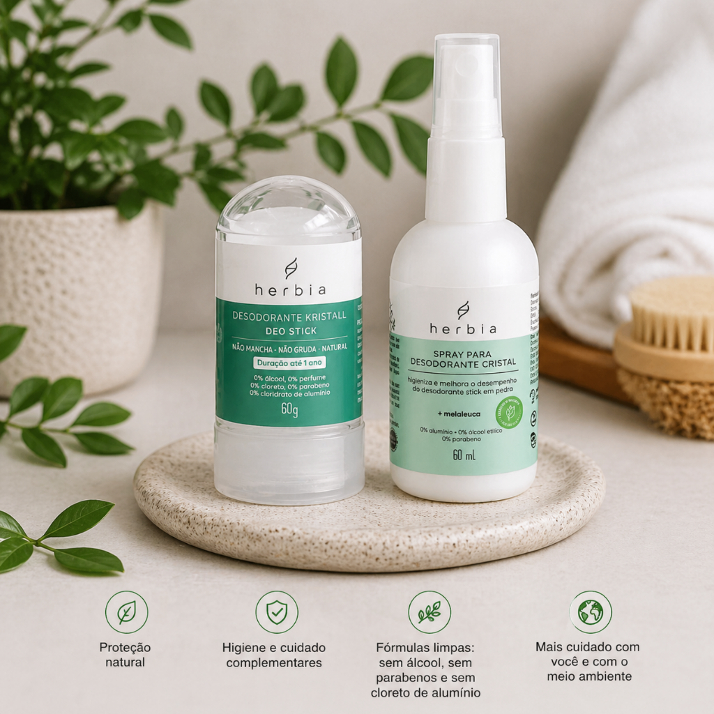 Kit Desodorante Cristal Pedra Natural 60gE Spray Melaleuca 60ml Herbia