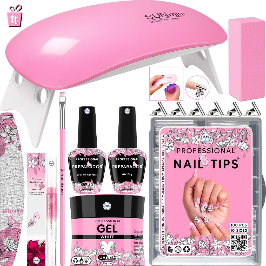 Kit Alongamento De Unha Gel Cabine Estufa Sun Mini 6w + Top Coat + Primer + 100 Unhas Tips/Acrigel/Porcelana