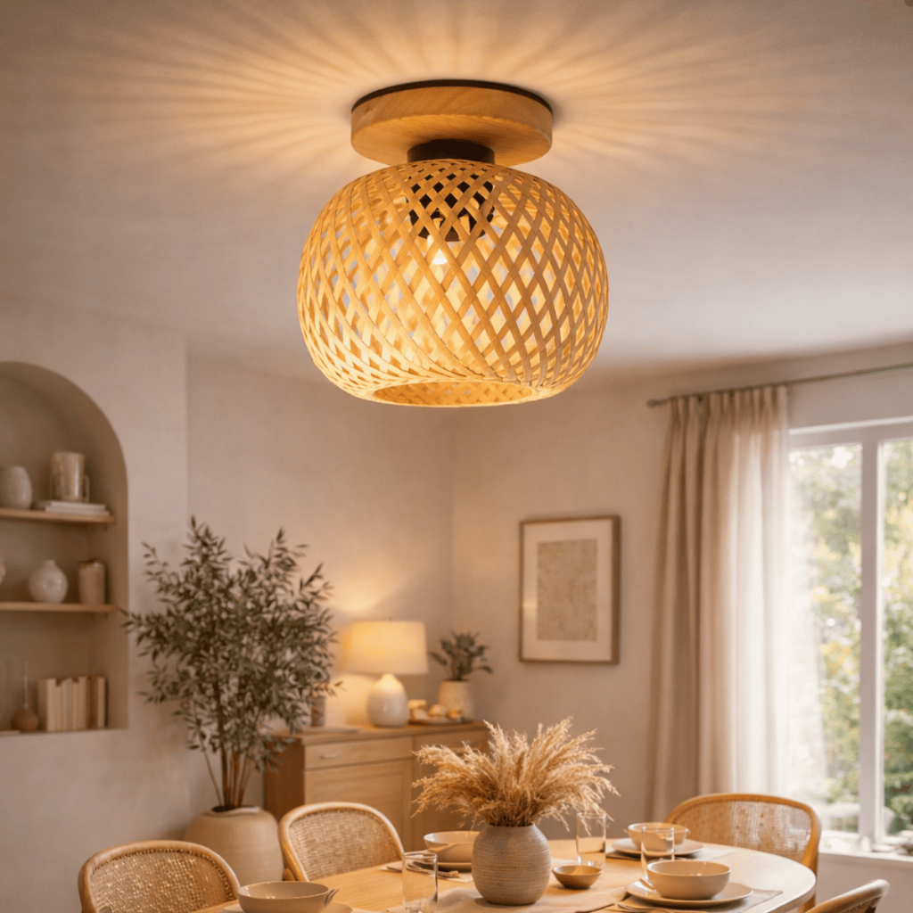 Plafon Bambu Rústico Fibra Natural Luminária Teto Premium Decoração Moderna