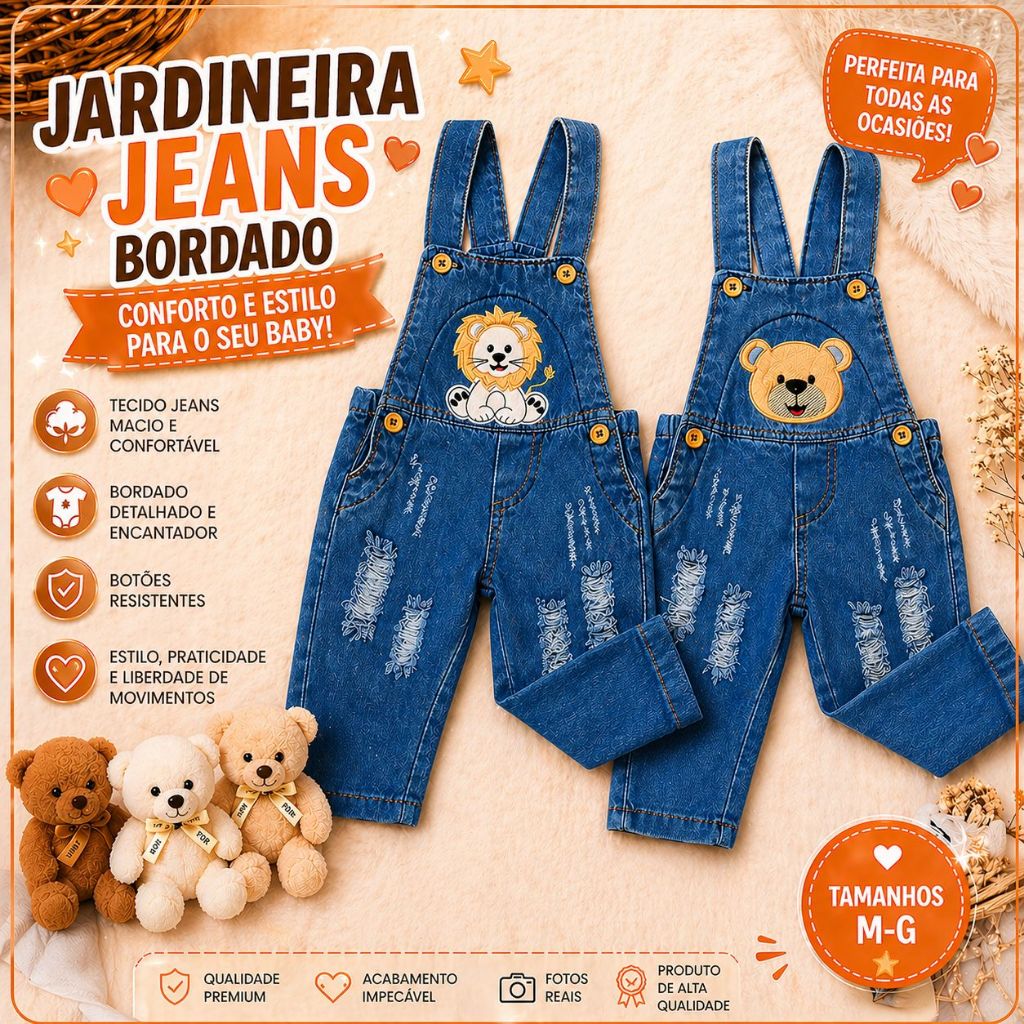Jardineira Macacao Longa Jeans Bebe Menino Moda Infantil Desenho Estampa Destroyed Macaquinho