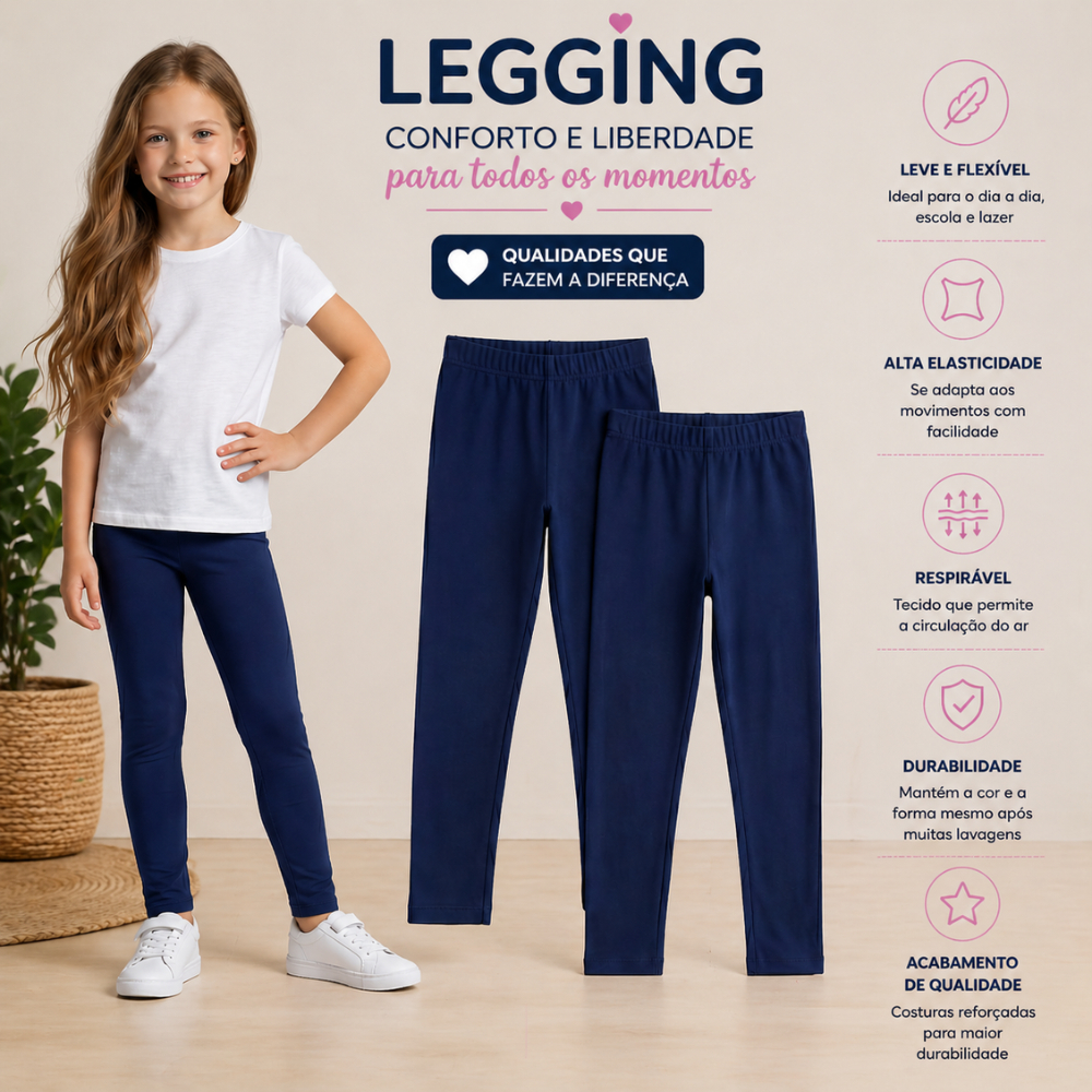 Kit Legging Infantil Feminina Menina Escolar Lisa Preta e Azul Marinho Juvenil Calça Meia Estação Cotton
