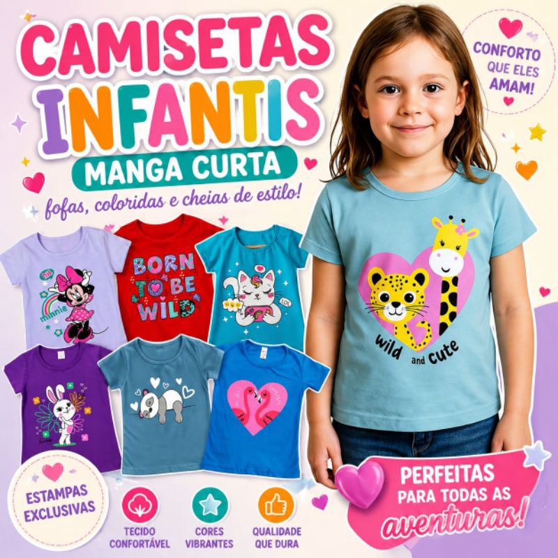 Kit 5 Camisetas Infantil Feminina Manga Curta Estampada – Malha Confortável 100% Algodão | Tam 2 ao 8