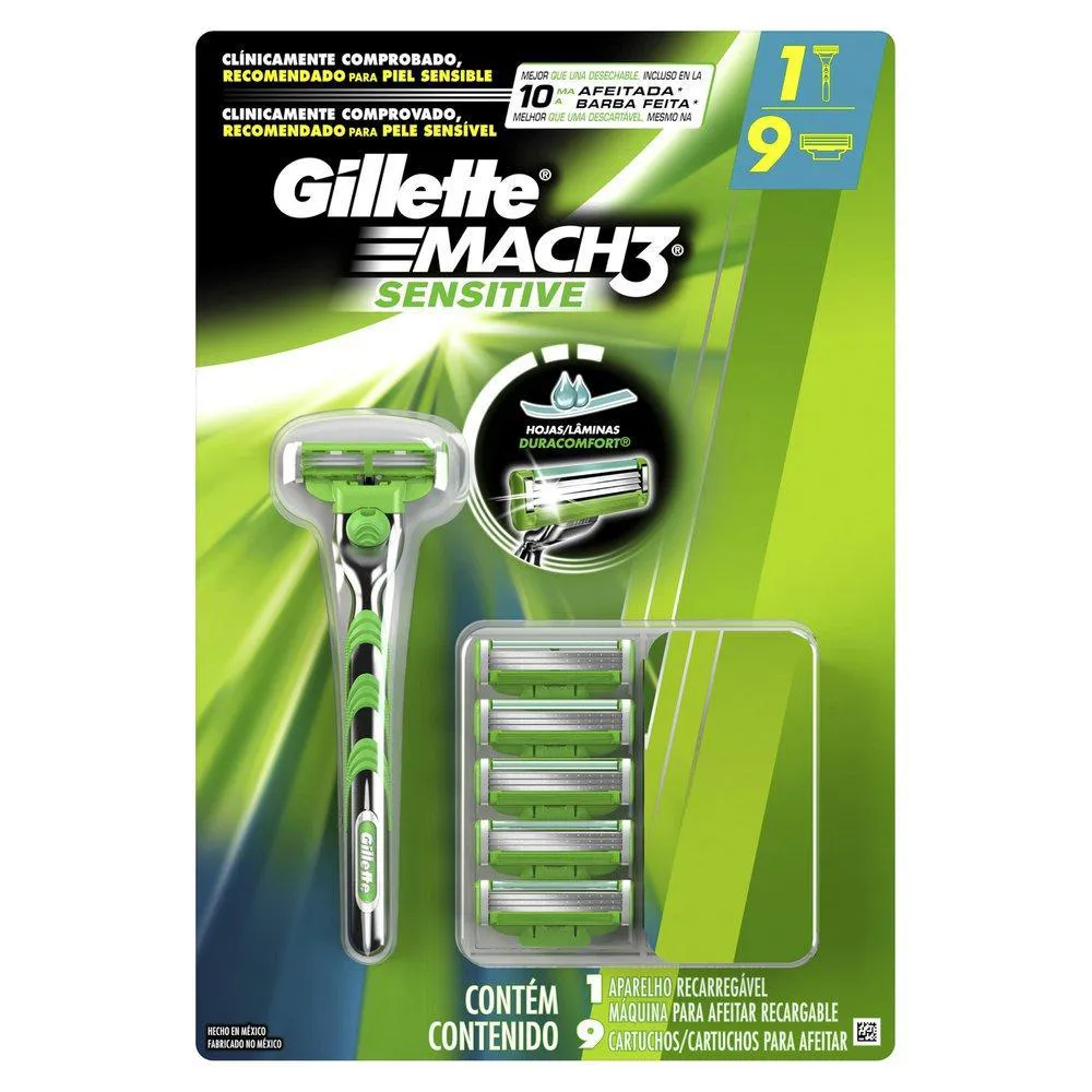 9 Cargas Gillette Mach3 Sensitive + Aparelho de Barbear Mach 3 Gilete Gillete Gilette Refil Verde Lâmina Carga Original