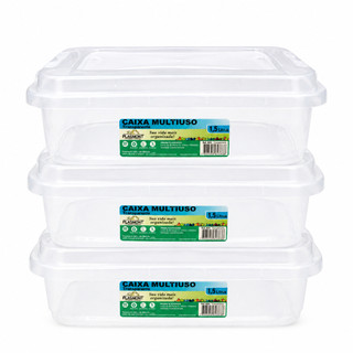 Kit 3 Caixas Plásticas Multiuso 1,5 Litros Transparente Organizadora Com Tampa Trava