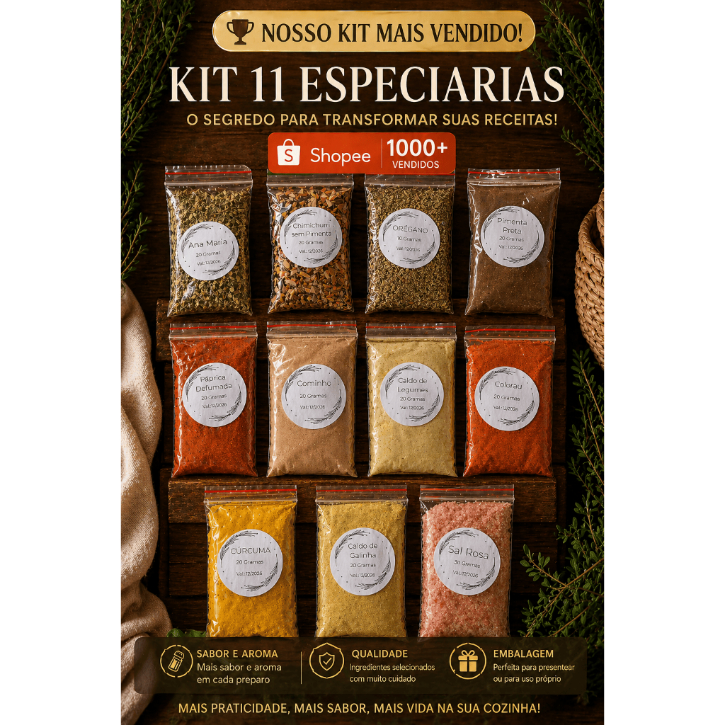 Kit 1 de Temperos Premium com 10 itens (sendo um total de 190 gramas)  e leva de Brinde 1 pacotinho de Sal Rosa