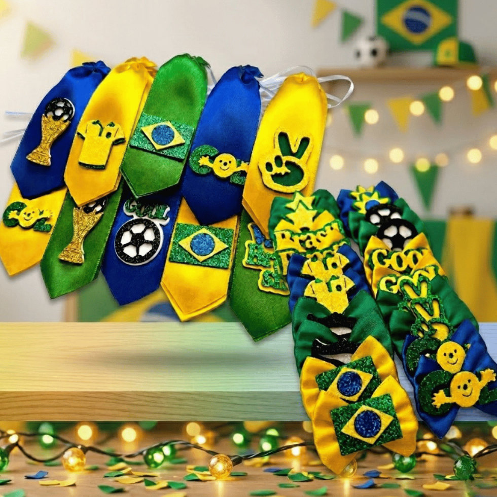 Kit 40 Gravatinhas e Lacinhos Pet Combinando Tema Copa do Mundo Banho Tosa