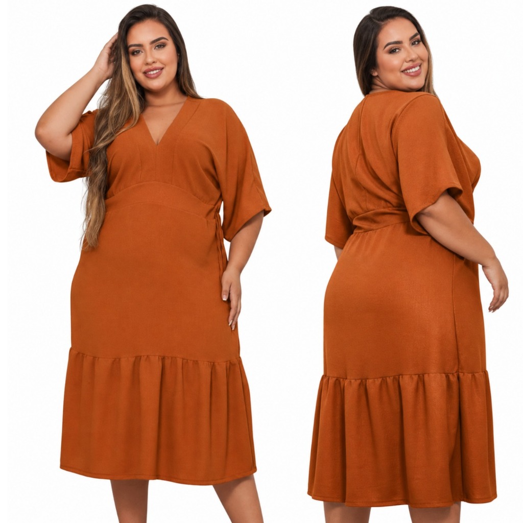 Vestido Midi Feminino Plus Size G2 Manga Solta Evangelico Tecido Duna Confortável Modesto Acinturado