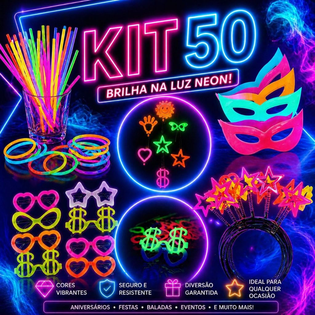 Kit Festa Balada Neon 50 itens, 20 Oculos 10 Tiara + 10 Mascara
