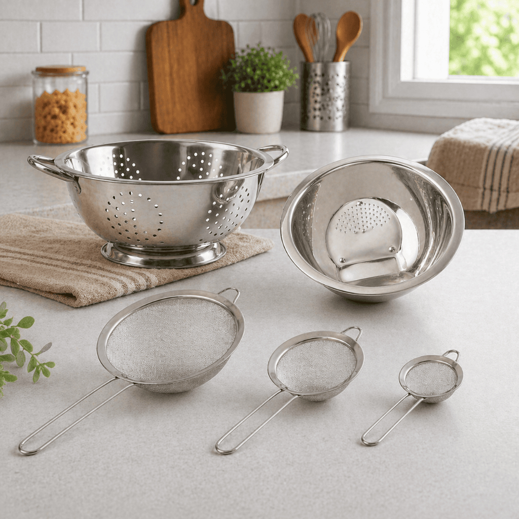 Kit 5 peças Escorredor De Arroz + Escorredor De Macarrão E Massas + 3 Peneiras Em Aço Inox