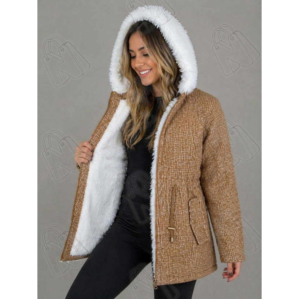 Parka Forrada Feminina Dupla Face Peluciada Com Capuz Removível