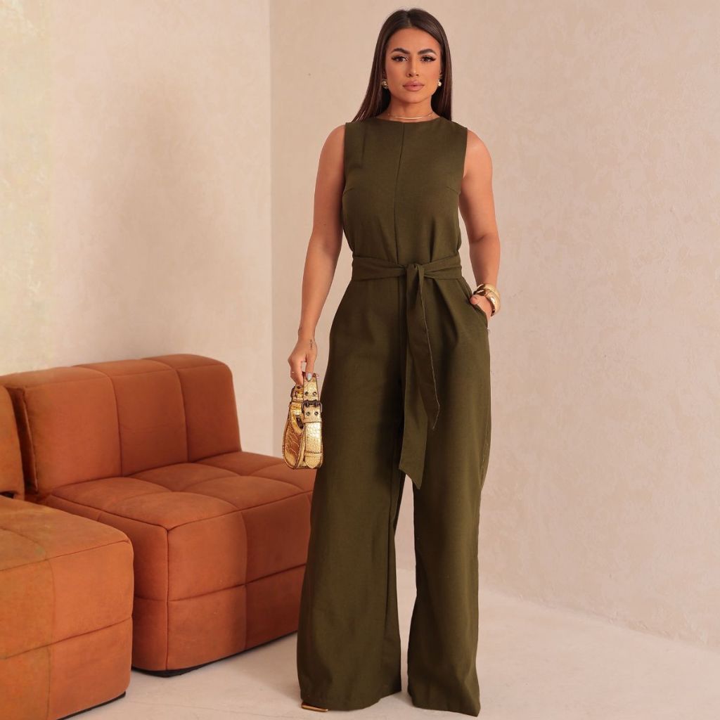 Macacão Feminino Pantalona Alfaiataria Elegante Com Faixa Look Social Soltinho Confortável Moda 2026