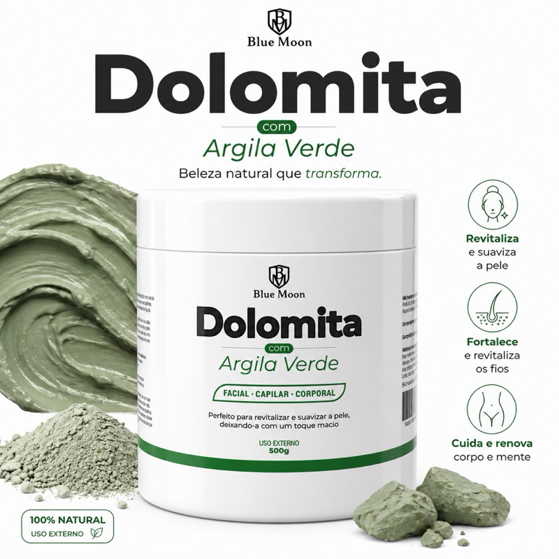 Kit Argila Verde 500g Blue Moon Dolomita Natural Facial Capilar Corporal Detox Limpeza Profunda Pele Oleosa