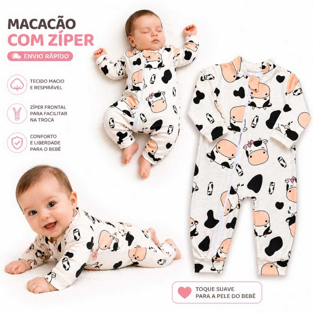 Macacão Bebê Vaquinha com Zíper de Algodão Macio  3-6 Meses- 6-9 meses | Macacão Bebê Menina