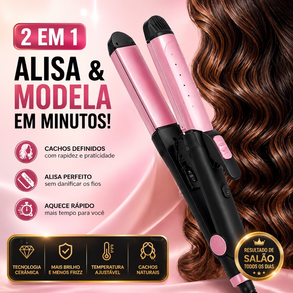MODELADOR DE CACHOS CABELO FRIZZ 2 EM 1 CHAPINHA 30W ESQUENTA RÁPIDO CABELOS CACHEADOS ALISA