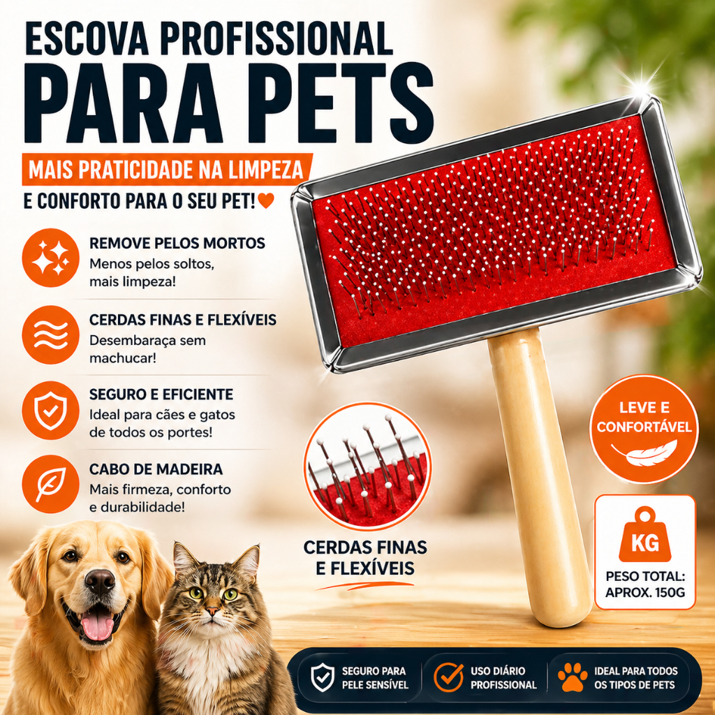 Rasqueadeira Pet Cabo de Madeira Remove Pelos e Nós Sem Machucar
