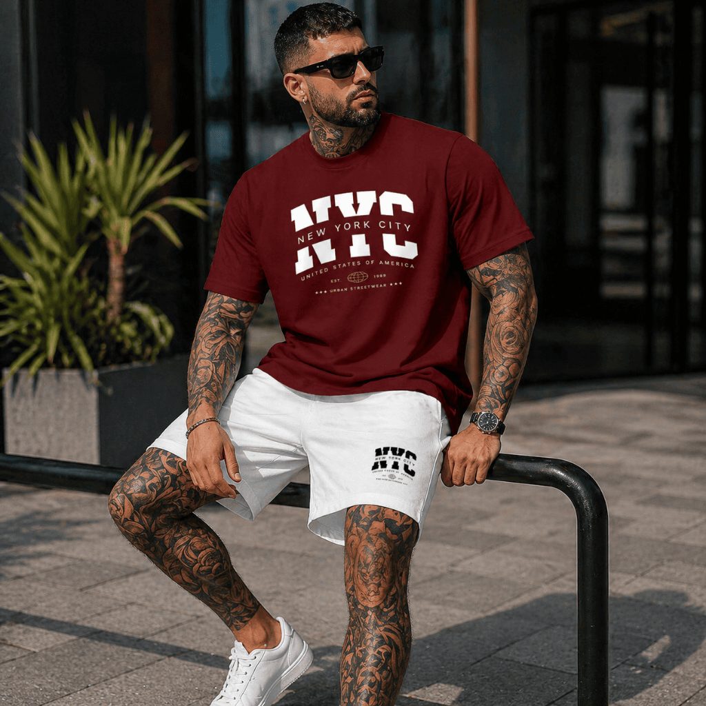 Conjunto Camiseta e Short Tactel Masculino Streetwear NYC Camisa Algodão Premium 26.1