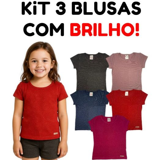 Kit 3 Blusas Com Brilho Manga Curta  Sortidas Infantil Menina Confortável Algodão Do 1 Ao 16
