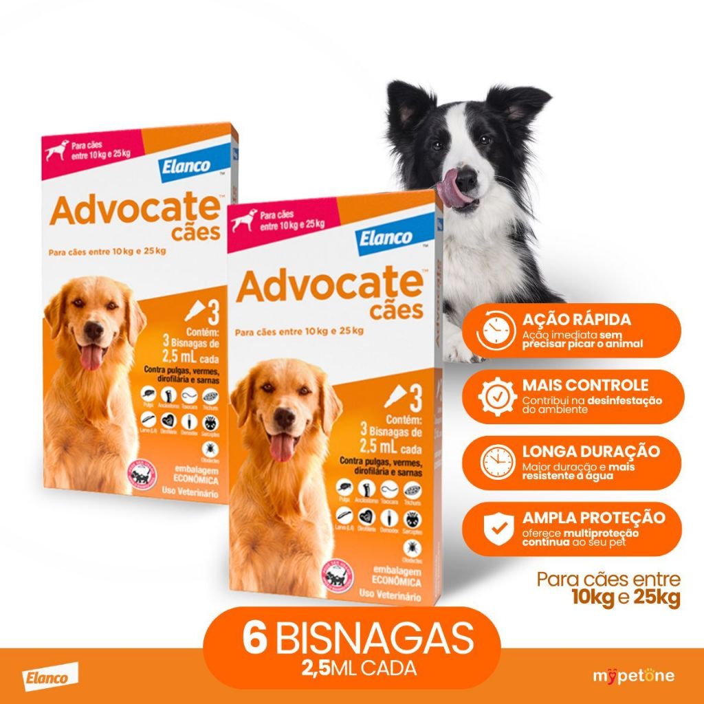 Kit 2 Advocate Elanco 2,5ml para Cães de 10Kg até 25Kg - 3 Bisnagas