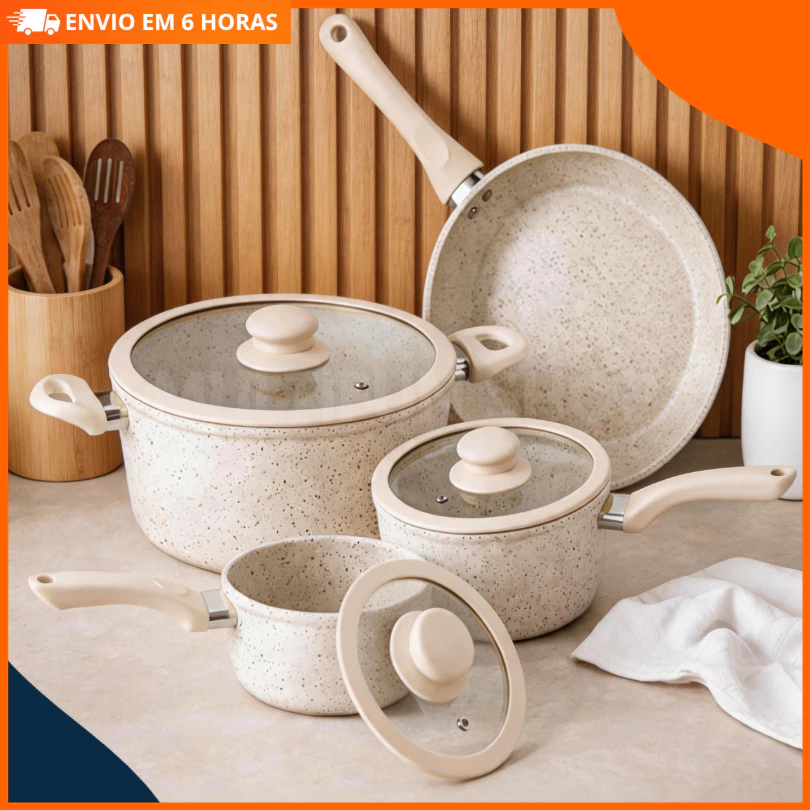 Conjunto Panelas Cerâmica Antiaderente 4 Peças Cabos Toque Amadeirado Gás Cozinha Completa Saudável Prática Luxo