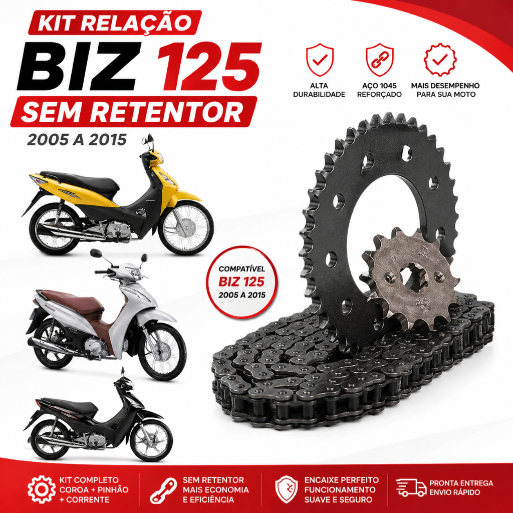 Kit Relação Biz 125 2005 a 2015 Sem Retentor Aço 1045 Completo Corrente Coroa Pinhão