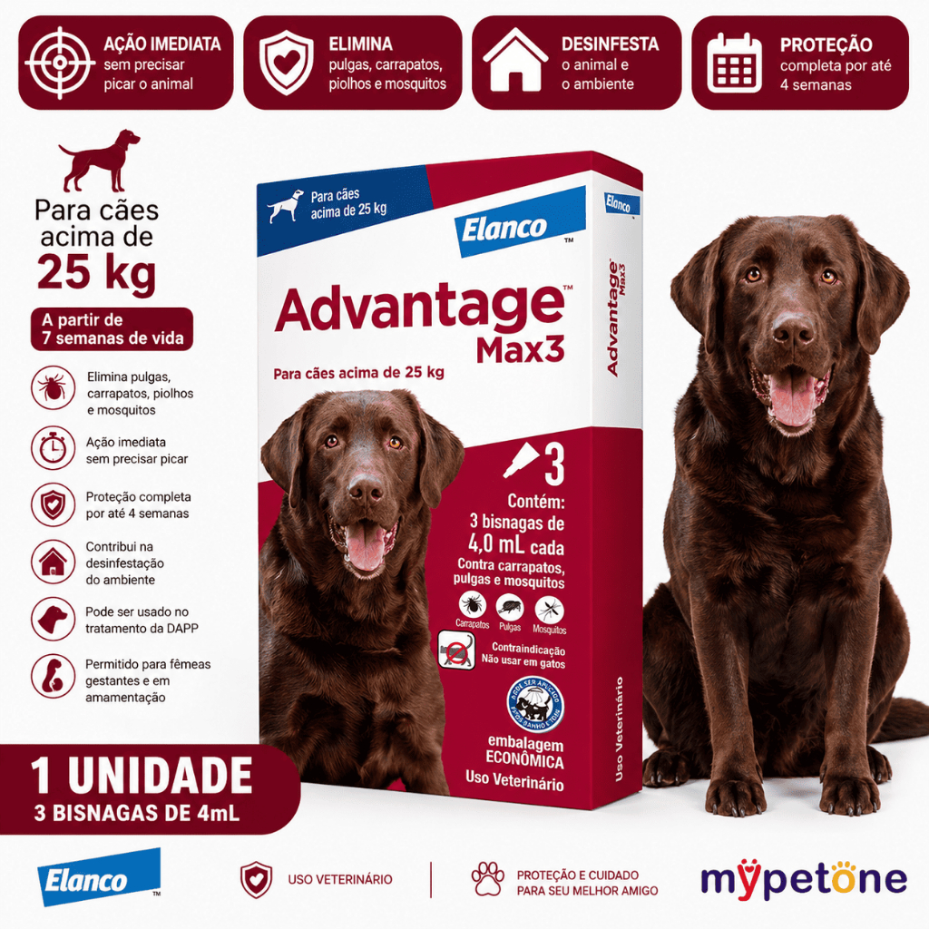 Advantage MAX3 4 mL Elanco para Cães Acima de 25 Kg - 3 Bisnagas