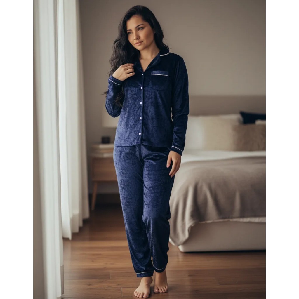Pijama Americano Feminino Inverno Veludo Aberto Com Botões
