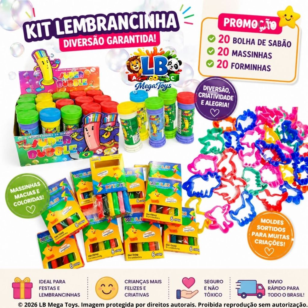Kit 20 Cx Massinha de Modelar + 20 Bolha de Sabão + 20 Cortador Molde Festa Lembrancinha Infantil