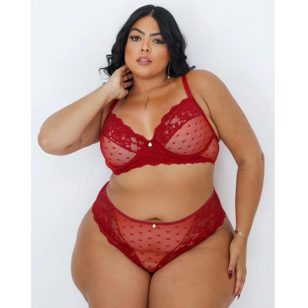 Conjunto Plus Size Dama da Noite em tule poá Soutien com Arco fecho duplo Calcinha Plus Size