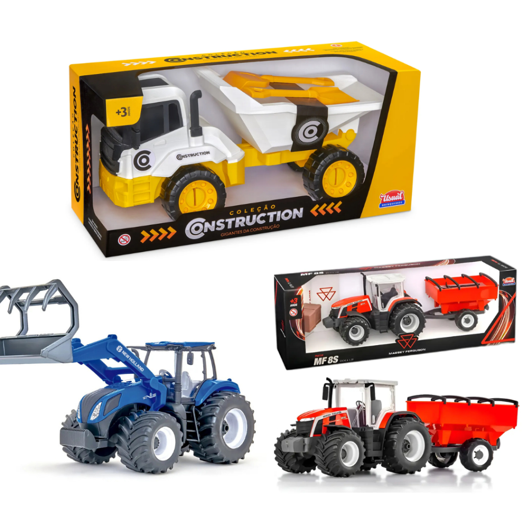 Kit Aventura Usual Brinquedos: Caminhão Construction + Trator New Holland + Graneleiro Massey Ferguson