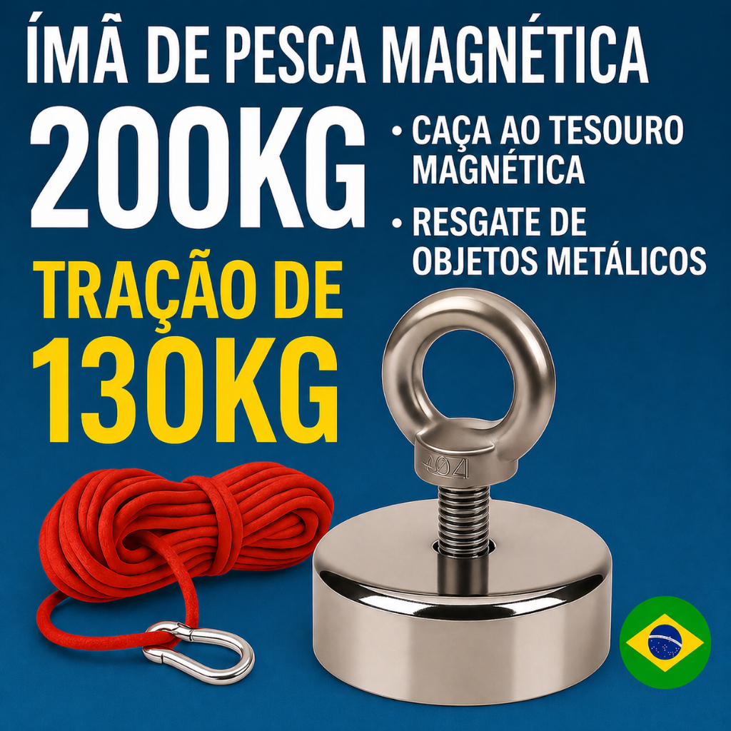 Imã De Neodímio Pesca Magnetica 130kg Até 200 Kilos De Tração 10 Metros de corda