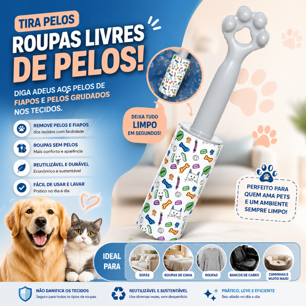 Removedor de Pelos Pet Reutilizável 20 Folhas Adesivas p/ Roupas Sofá