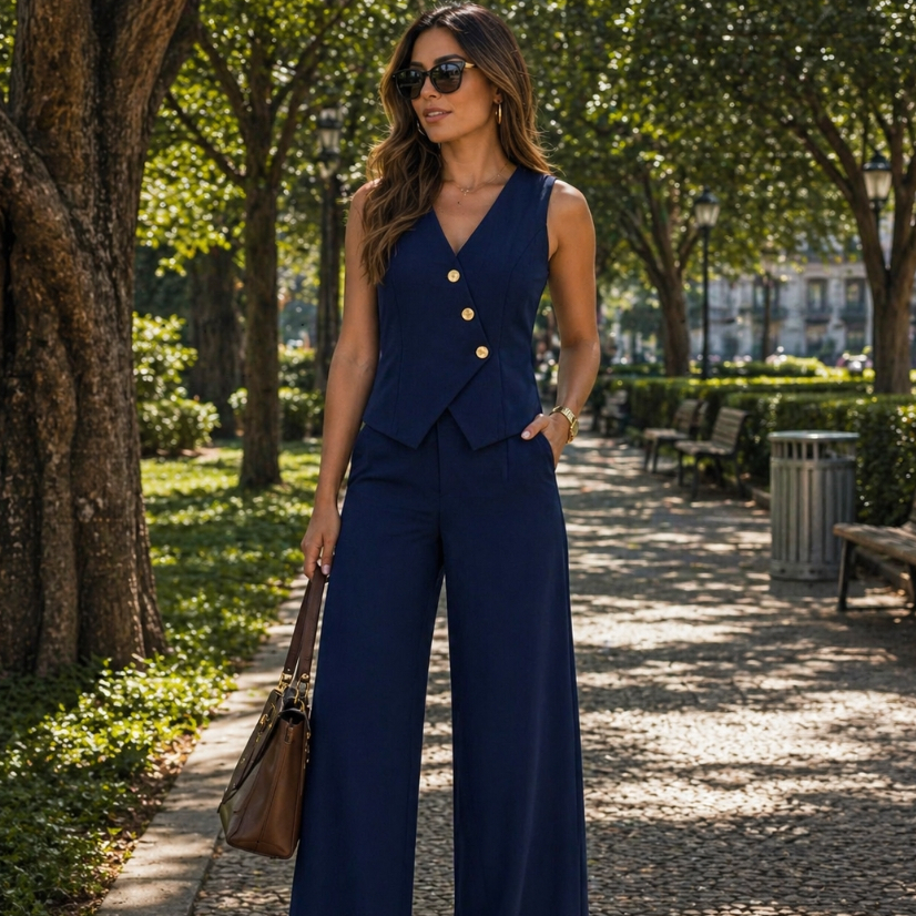 Conjunto Feminino Alfaiataria Louis Twell Colete Assimétrico Calça Pantalona com Bolso Botões Dourados REF 25153